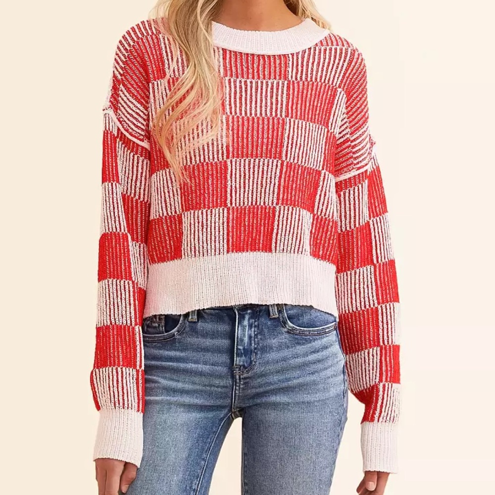idem Ditto checkered chenille knitted long sleeve cropped sweater sz Sm - Picture 1 of 11